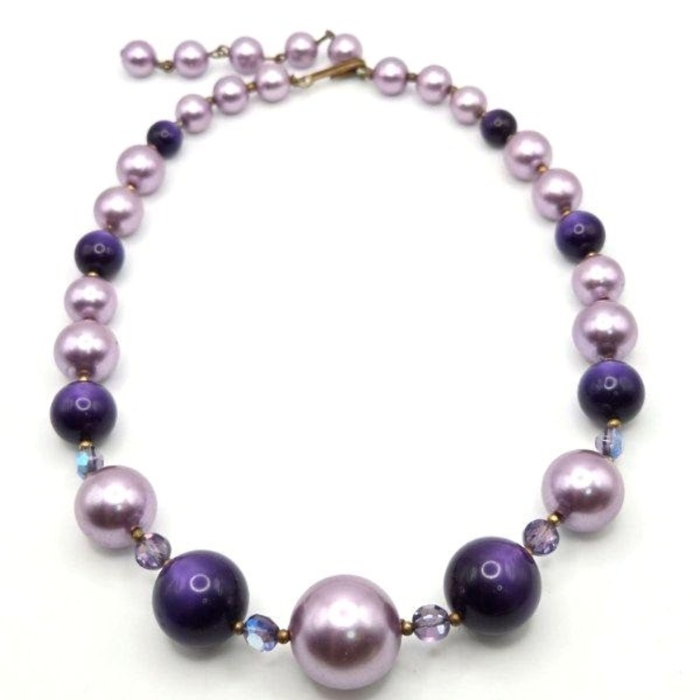 Vintage Graduated Purple Variety Acrylic Faux Pearls AB Crystals Beaded Necklace